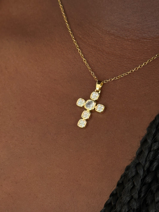 up close shot of the major love cross necklace without the extender.