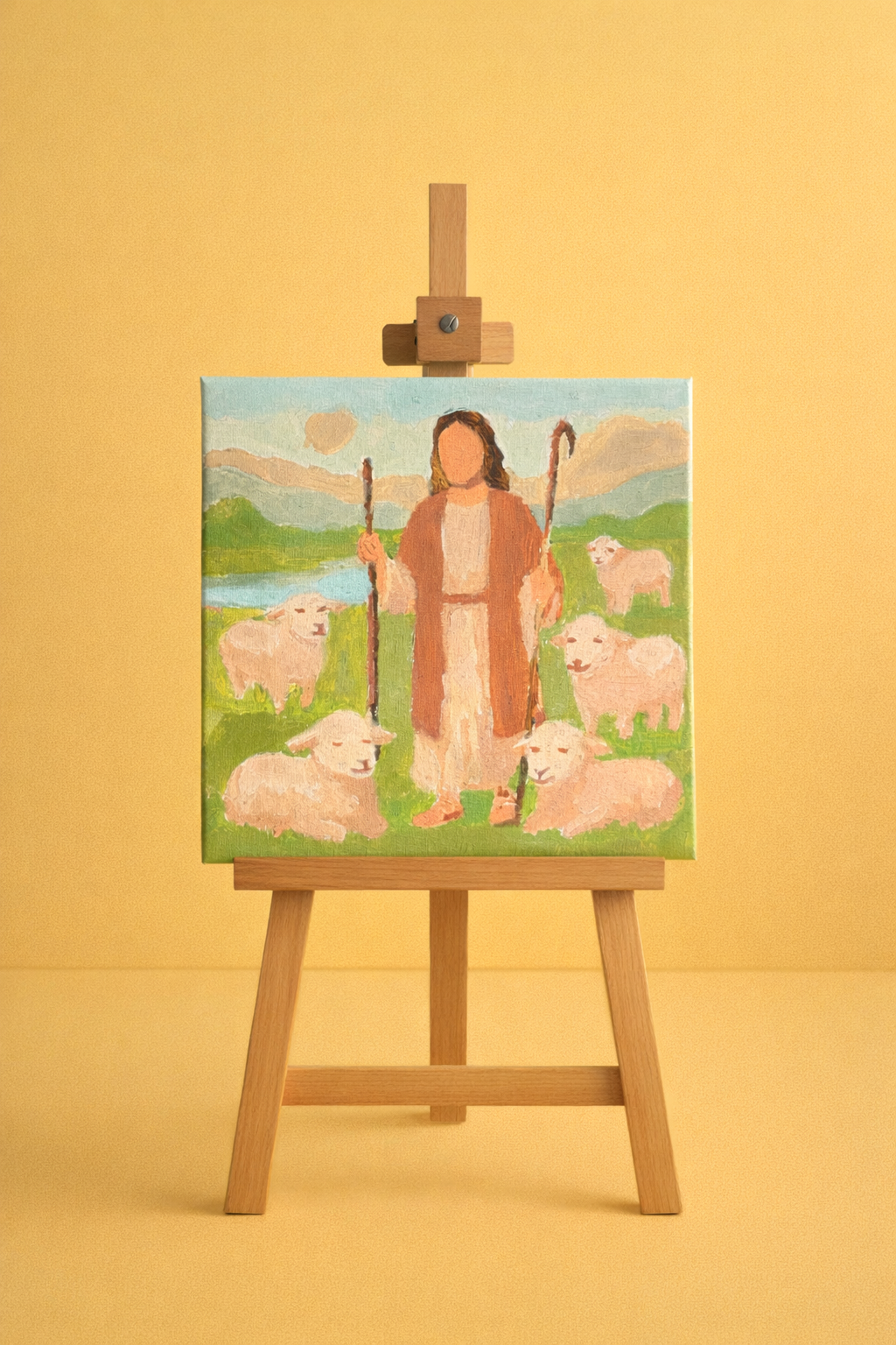 a canvas showing Jesus as our shepherd as pslam 23 with 5 sheep around him as he hold a staff and rod. there is still waters and green pastures we well. the painting is on an easel against a yellow background.