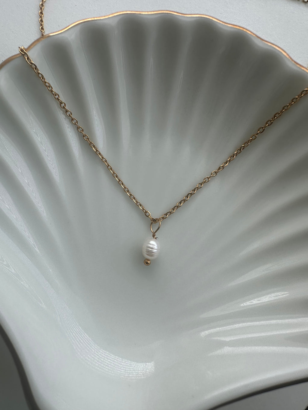 The Adore Pearl Necklace displayed on a white shell tray features a single detachable pearl pendant, offering versatility and elegance. This simple yet dainty design is perfect for the minimalist girl who loves understated beauty, making it an ideal accessory for everyday wear or special occasions.