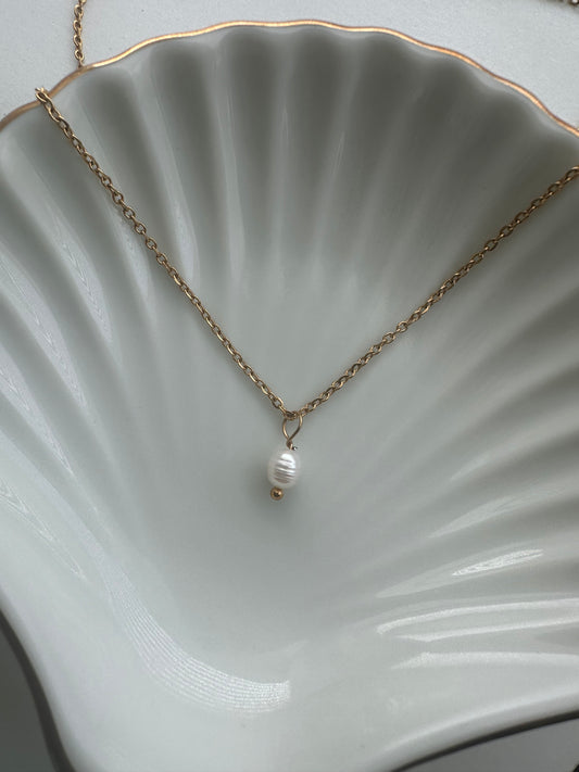 The Adore Pearl Necklace seen is a white shell tray.