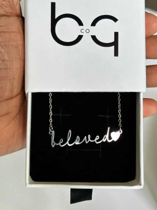 Close-up of Beloved pendant showing beautiful script design for Christian women